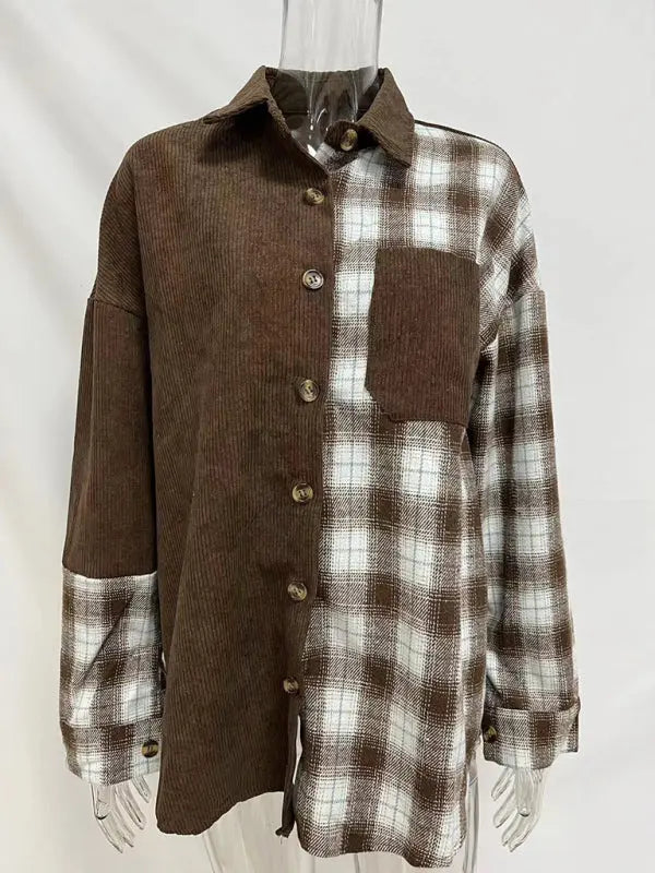 Blue Zone Planet | Plaid shirt cross-border European and American foreign trade long-sleeved loose pocket shirt BLUE ZONE PLANET