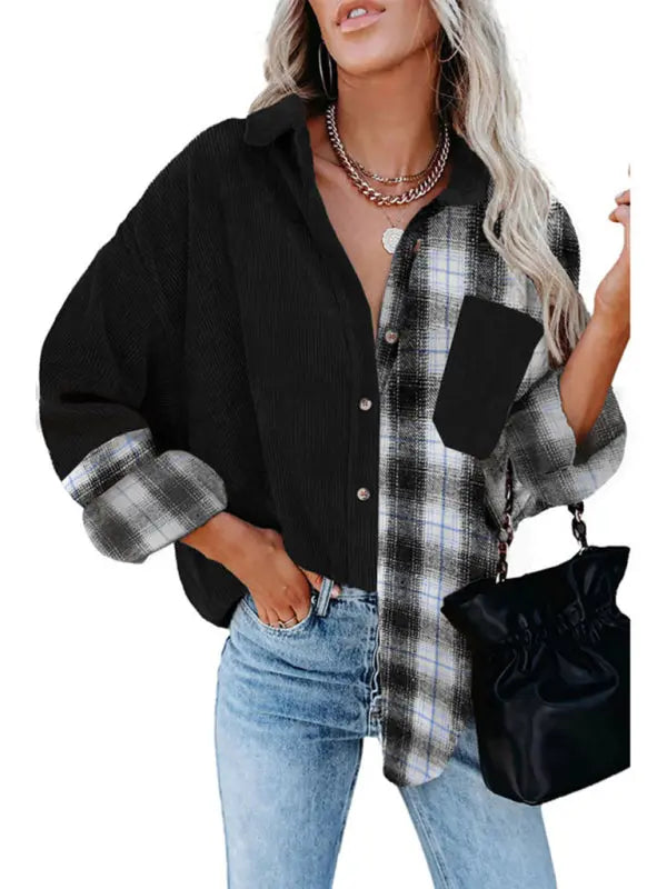 Blue Zone Planet | Plaid shirt cross-border European and American foreign trade long-sleeved loose pocket shirt BLUE ZONE PLANET