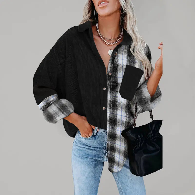 Blue Zone Planet | Plaid shirt cross-border European and American foreign trade long-sleeved loose pocket shirt BLUE ZONE PLANET