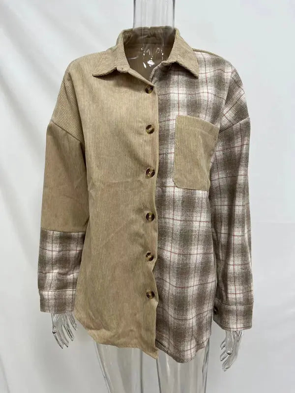 Blue Zone Planet | Plaid shirt cross-border European and American foreign trade long-sleeved loose pocket shirt BLUE ZONE PLANET