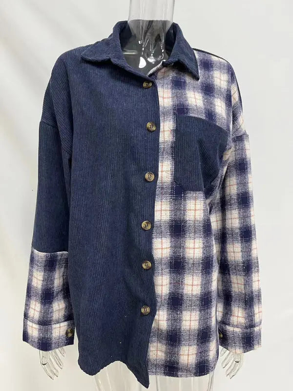 Blue Zone Planet | Plaid shirt cross-border European and American foreign trade long-sleeved loose pocket shirt BLUE ZONE PLANET