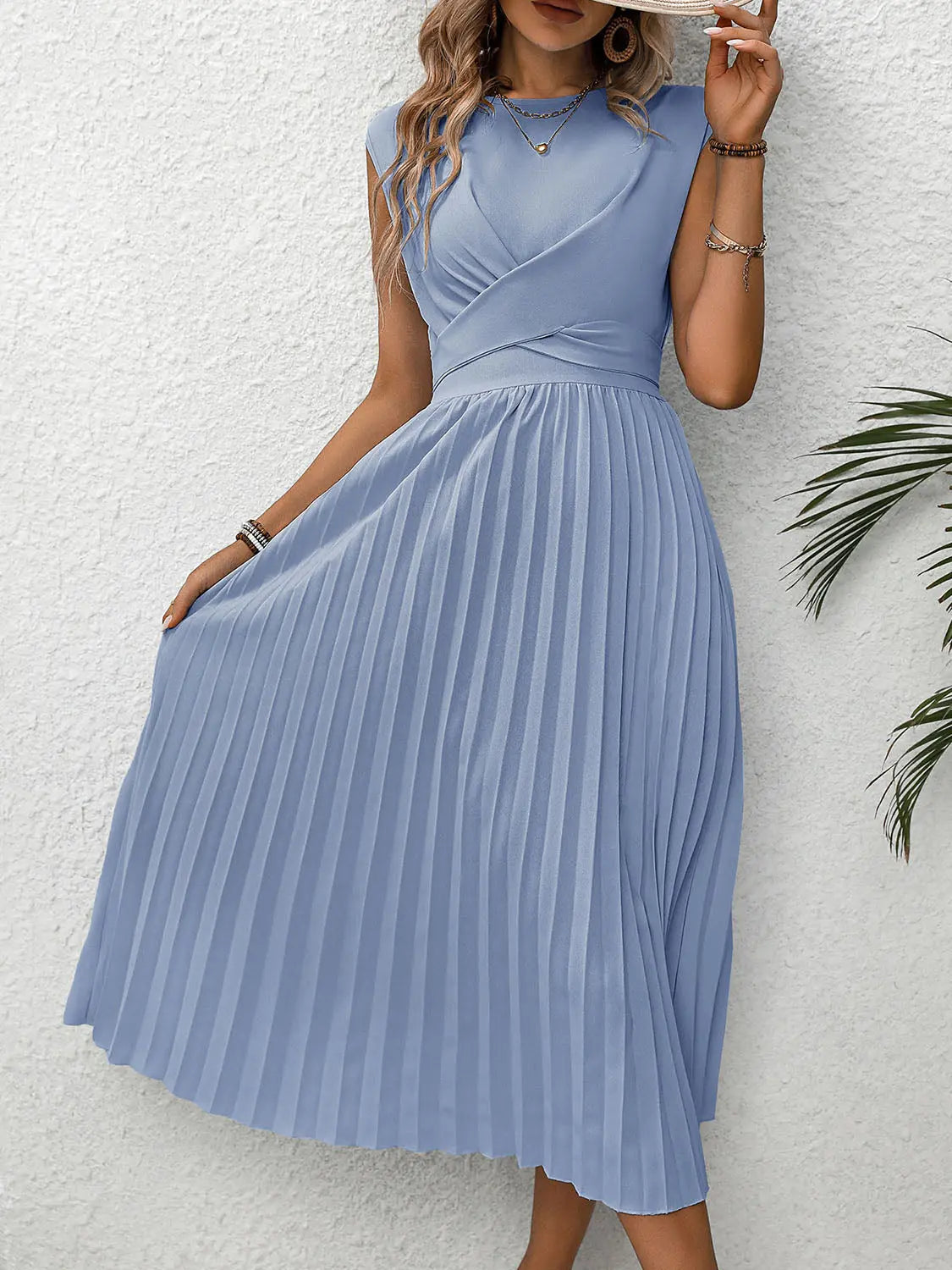 Blue Zone Planet | Pleated Round Neck Cap Sleeve Dress BLUE ZONE PLANET