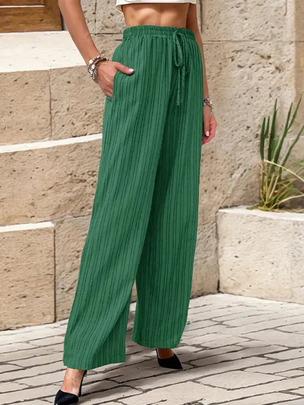 Blue Zone Planet | Pleated Textured Elastic Straight Pants BLUE ZONE PLANET