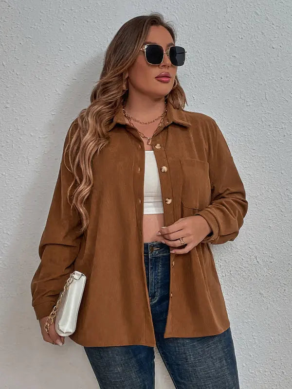 Blue Zone Planet | Plus Size Corduroy Long Sleeve Lapel Shirt BLUE ZONE PLANET
