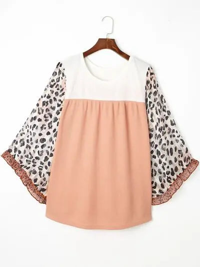 Blue Zone Planet | Plus Size Leopard Ruffle Trim Long Sleeve Blouse BLUE ZONE PLANET