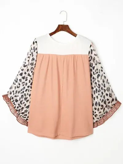 Blue Zone Planet | Plus Size Leopard Ruffle Trim Long Sleeve Blouse BLUE ZONE PLANET
