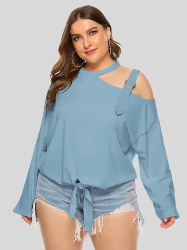 Blue Zone Planet | Plus Size Shoulder Strap Hollow Bow Long Sleeve Slanted Shoulder T-Shirt kakaclo