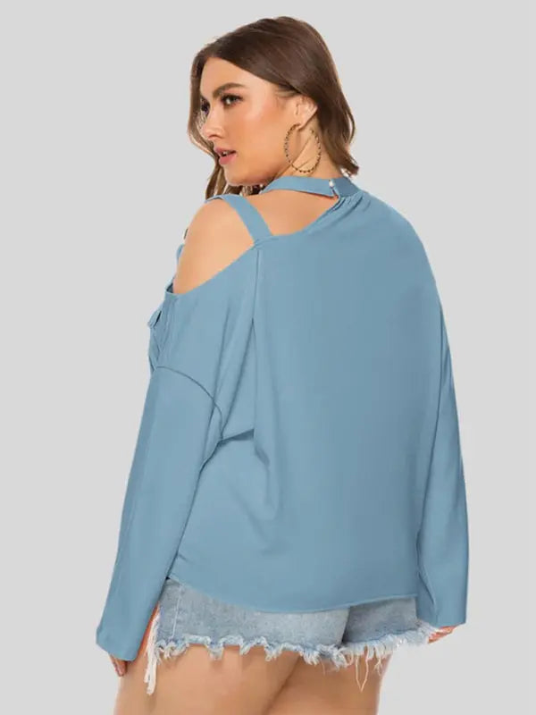 Blue Zone Planet | Plus Size Shoulder Strap Hollow Bow Long Sleeve Slanted Shoulder T-Shirt kakaclo