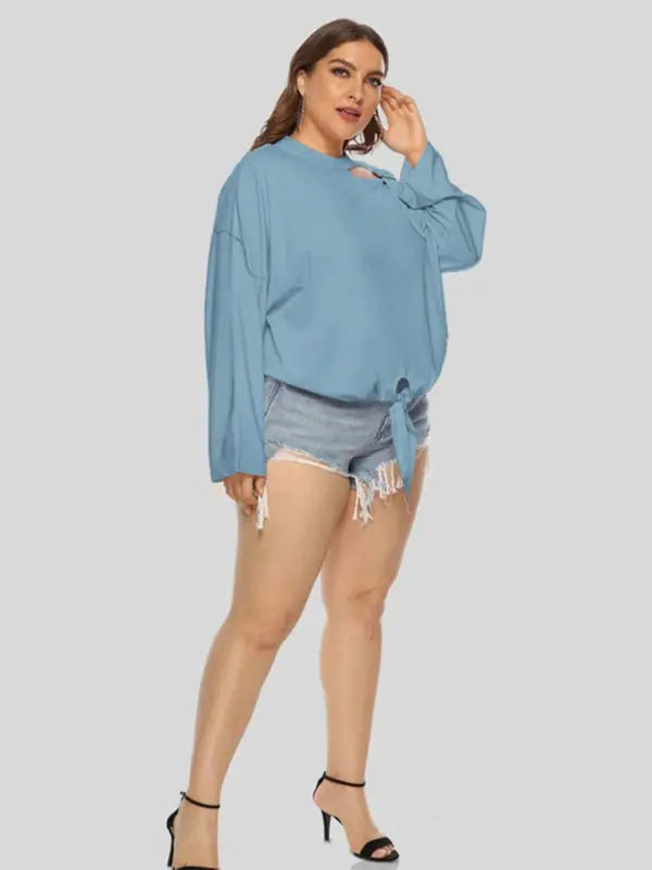 Blue Zone Planet | Plus Size Shoulder Strap Hollow Bow Long Sleeve Slanted Shoulder T-Shirt kakaclo