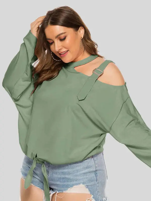 Blue Zone Planet | Plus Size Shoulder Strap Hollow Bow Long Sleeve Slanted Shoulder T-Shirt kakaclo