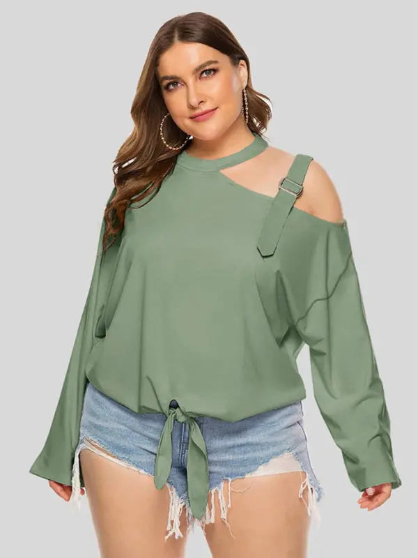 Blue Zone Planet | Plus Size Shoulder Strap Hollow Bow Long Sleeve Slanted Shoulder T-Shirt kakaclo