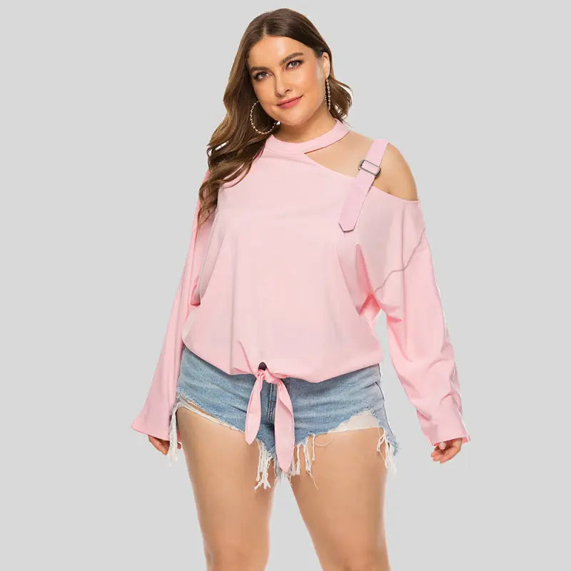 Blue Zone Planet | Plus Size Shoulder Strap Hollow Bow Long Sleeve Slanted Shoulder T-Shirt kakaclo