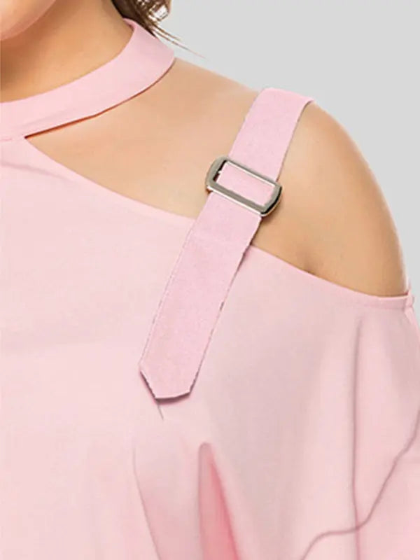 Blue Zone Planet | Plus Size Shoulder Strap Hollow Bow Long Sleeve Slanted Shoulder T-Shirt kakaclo