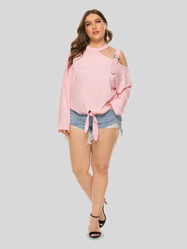 Blue Zone Planet | Plus Size Shoulder Strap Hollow Bow Long Sleeve Slanted Shoulder T-Shirt kakaclo