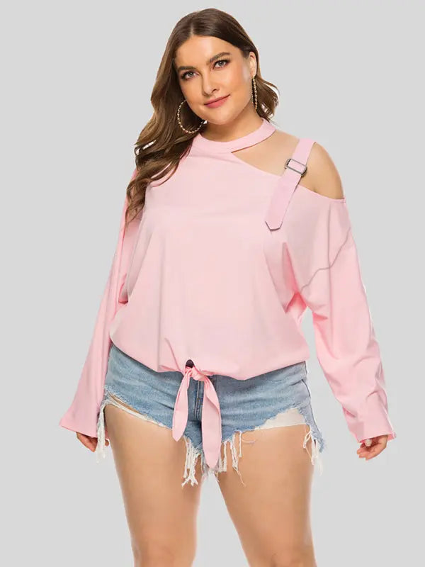 Blue Zone Planet | Plus Size Shoulder Strap Hollow Bow Long Sleeve Slanted Shoulder T-Shirt kakaclo