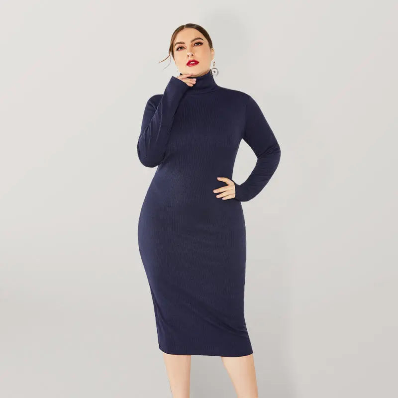 Blue Zone Planet | Plus Size Solid Color Knit Turtleneck Long Sleeve Dress BLUE ZONE PLANET