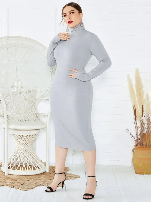 Blue Zone Planet | Plus Size Solid Color Knit Turtleneck Long Sleeve Dress BLUE ZONE PLANET
