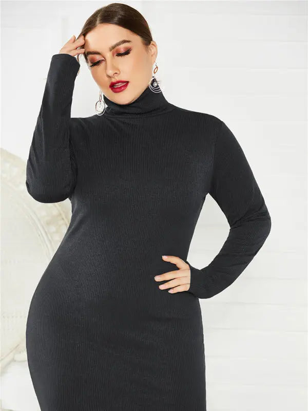 Blue Zone Planet | Plus Size Solid Color Knit Turtleneck Long Sleeve Dress BLUE ZONE PLANET