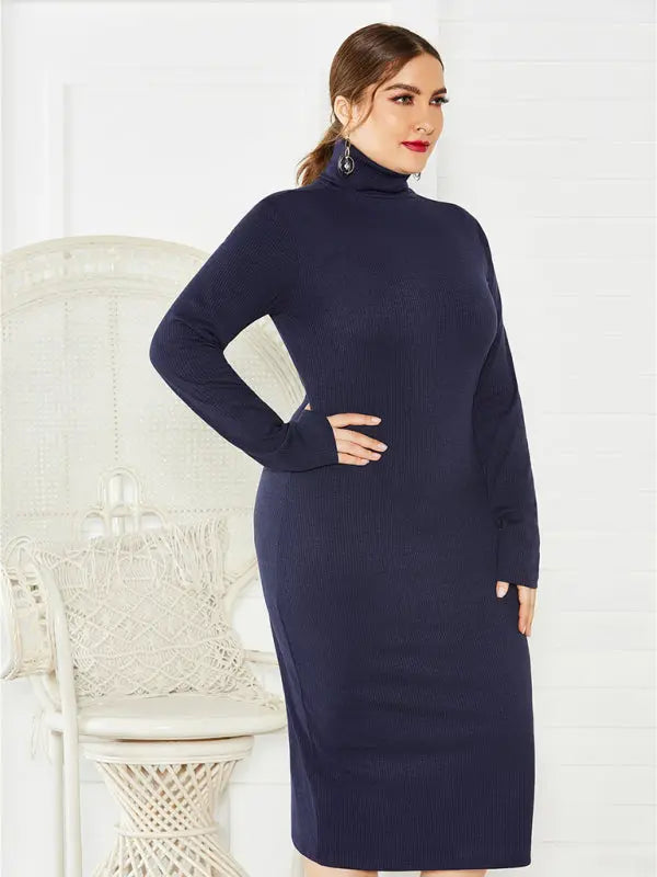 Blue Zone Planet | Plus Size Solid Color Knit Turtleneck Long Sleeve Dress BLUE ZONE PLANET