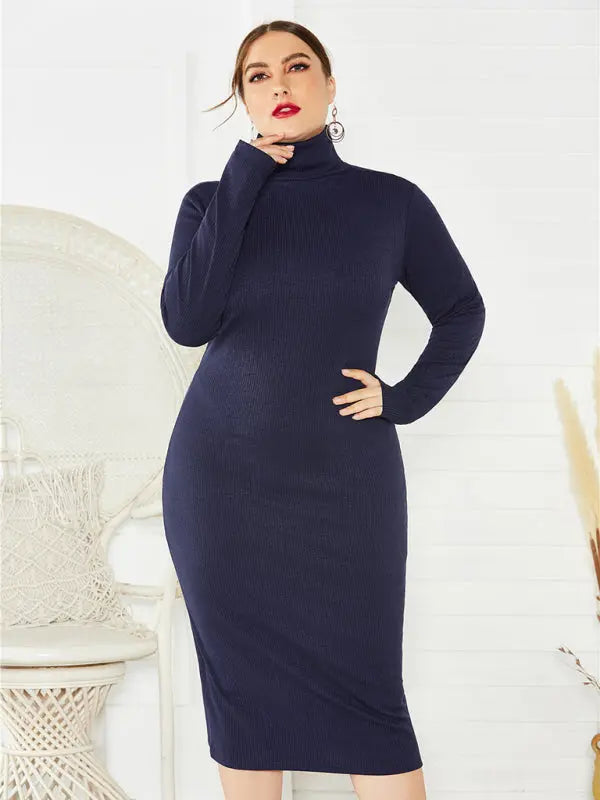 Blue Zone Planet | Plus Size Solid Color Knit Turtleneck Long Sleeve Dress BLUE ZONE PLANET