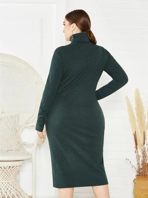 Blue Zone Planet | Plus Size Solid Color Knit Turtleneck Long Sleeve Dress BLUE ZONE PLANET