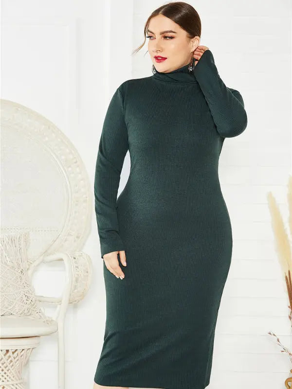 Blue Zone Planet | Plus Size Solid Color Knit Turtleneck Long Sleeve Dress BLUE ZONE PLANET