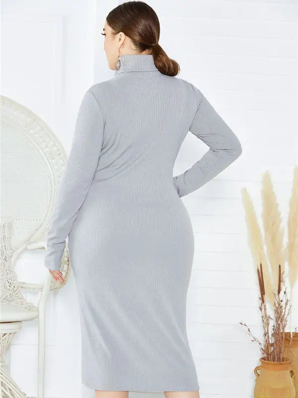 Blue Zone Planet | Plus Size Solid Color Knit Turtleneck Long Sleeve Dress BLUE ZONE PLANET