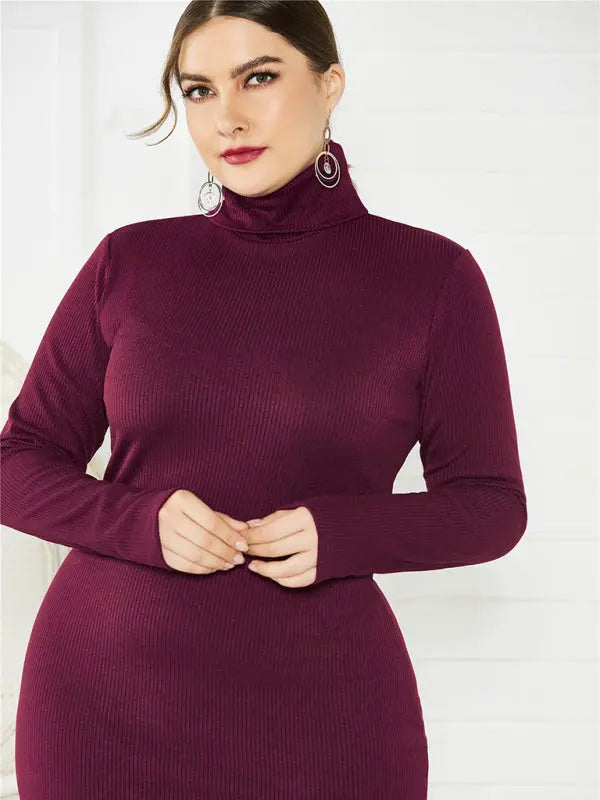 Blue Zone Planet | Plus Size Solid Color Knit Turtleneck Long Sleeve Dress BLUE ZONE PLANET