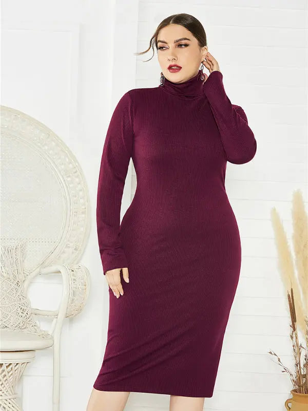 Blue Zone Planet | Plus Size Solid Color Knit Turtleneck Long Sleeve Dress BLUE ZONE PLANET