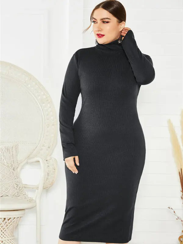 Blue Zone Planet | Plus Size Solid Color Knit Turtleneck Long Sleeve Dress BLUE ZONE PLANET
