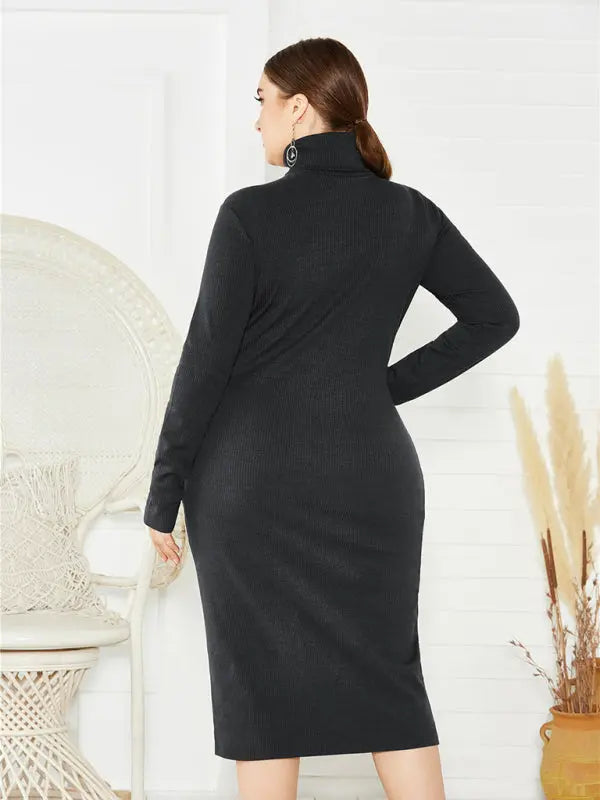 Blue Zone Planet | Plus Size Solid Color Knit Turtleneck Long Sleeve Dress BLUE ZONE PLANET