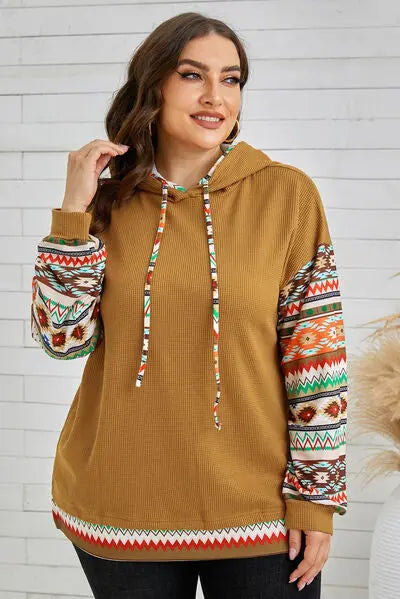 Blue Zone Planet | Plus Size Waffle-Knit Geometric Dropped Shoulder Hoodie BLUE ZONE PLANET