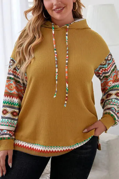 Blue Zone Planet | Plus Size Waffle-Knit Geometric Dropped Shoulder Hoodie BLUE ZONE PLANET