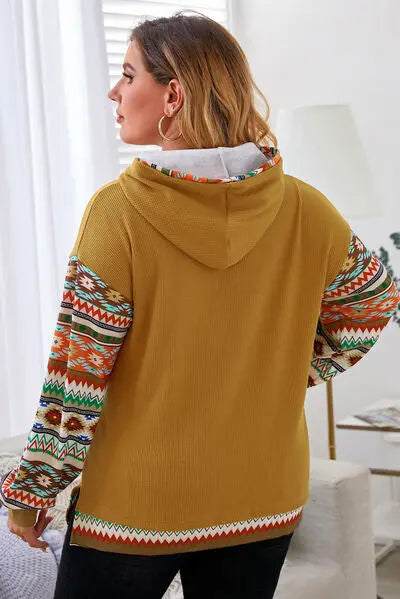 Blue Zone Planet | Plus Size Waffle-Knit Geometric Dropped Shoulder Hoodie BLUE ZONE PLANET