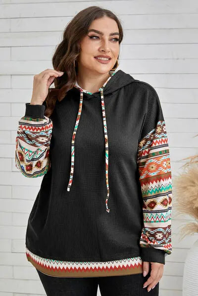 Blue Zone Planet | Plus Size Waffle-Knit Geometric Dropped Shoulder Hoodie BLUE ZONE PLANET