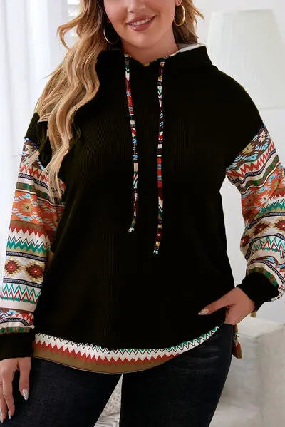 Blue Zone Planet | Plus Size Waffle-Knit Geometric Dropped Shoulder Hoodie BLUE ZONE PLANET