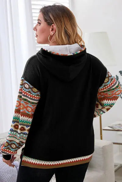 Blue Zone Planet | Plus Size Waffle-Knit Geometric Dropped Shoulder Hoodie BLUE ZONE PLANET