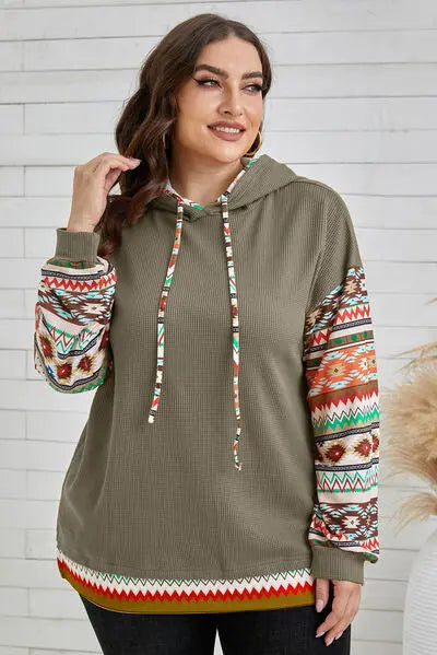 Blue Zone Planet | Plus Size Waffle-Knit Geometric Dropped Shoulder Hoodie BLUE ZONE PLANET