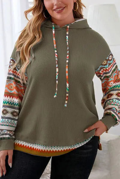 Blue Zone Planet | Plus Size Waffle-Knit Geometric Dropped Shoulder Hoodie BLUE ZONE PLANET