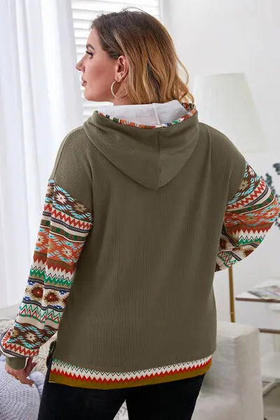 Blue Zone Planet | Plus Size Waffle-Knit Geometric Dropped Shoulder Hoodie BLUE ZONE PLANET