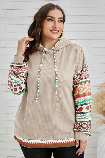 Blue Zone Planet | Plus Size Waffle-Knit Geometric Dropped Shoulder Hoodie BLUE ZONE PLANET