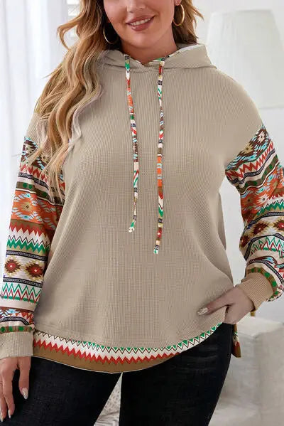 Blue Zone Planet | Plus Size Waffle-Knit Geometric Dropped Shoulder Hoodie BLUE ZONE PLANET