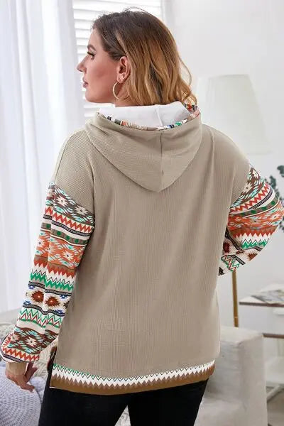 Blue Zone Planet | Plus Size Waffle-Knit Geometric Dropped Shoulder Hoodie BLUE ZONE PLANET