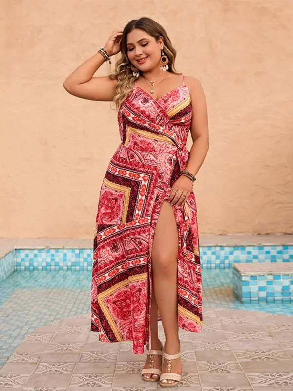 Blue Zone Planet | Plus size holiday spaghetti strap print dress BLUE ZONE PLANET