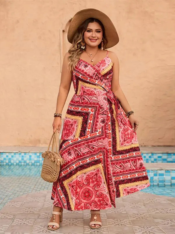 Blue Zone Planet | Plus size holiday spaghetti strap print dress BLUE ZONE PLANET