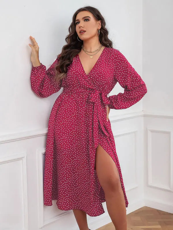 Blue Zone Planet | Plus size polka dot long sleeve midi dress BLUE ZONE PLANET