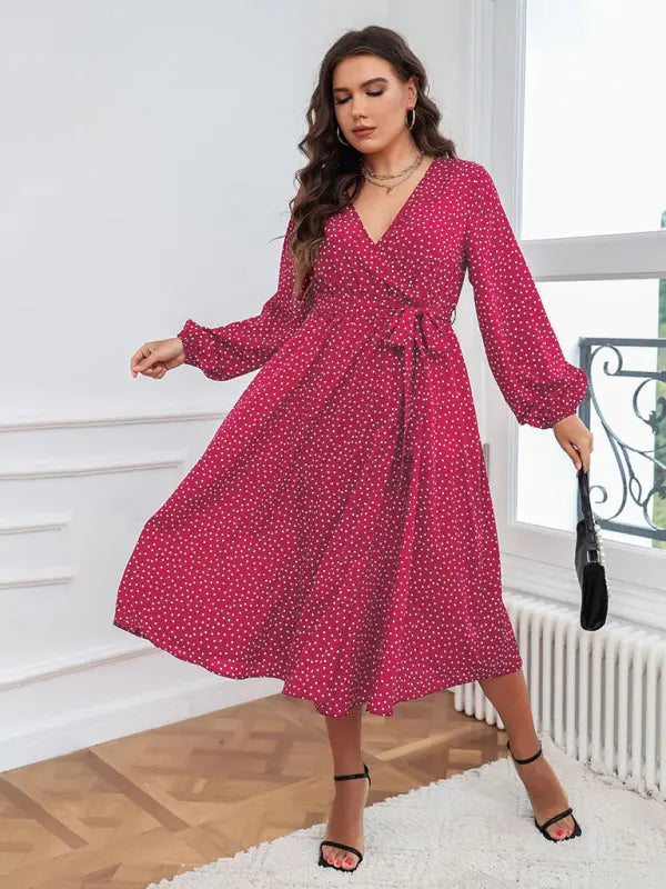 Blue Zone Planet | Plus size polka dot long sleeve midi dress BLUE ZONE PLANET