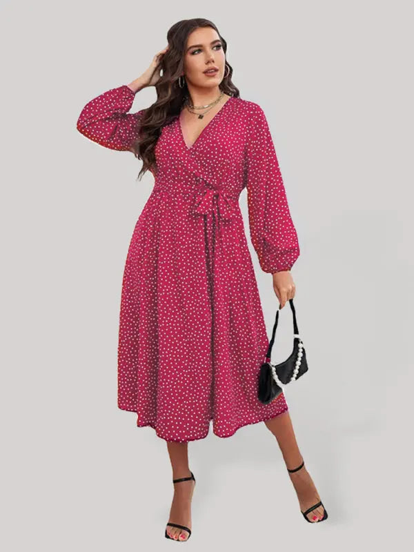 Blue Zone Planet | Plus size polka dot long sleeve midi dress BLUE ZONE PLANET