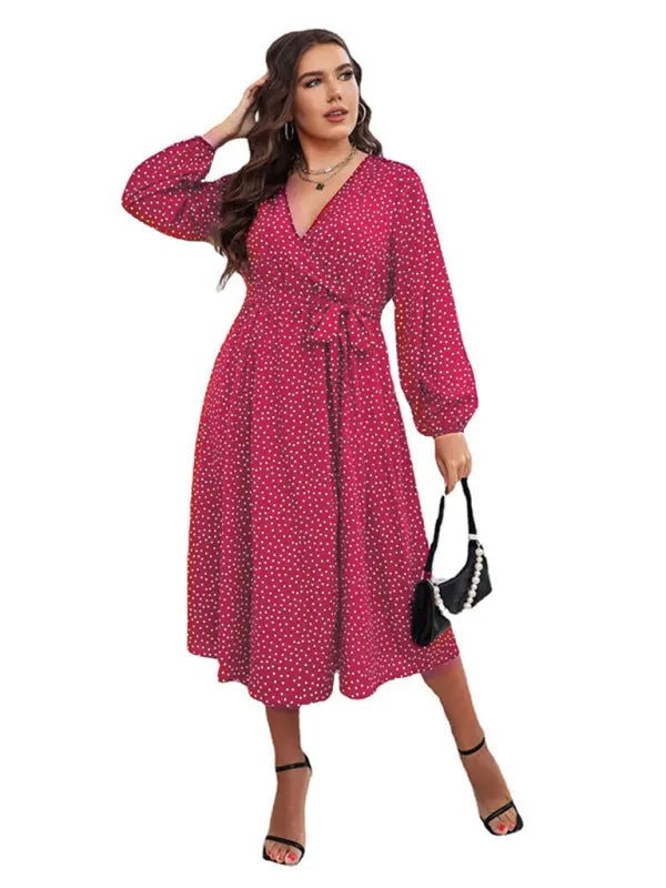 Blue Zone Planet | Plus size polka dot long sleeve midi dress BLUE ZONE PLANET