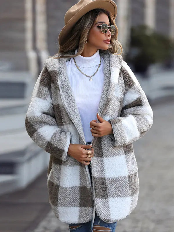 Blue Zone Planet | Plush Hooded Plaid Long Sleeve Loose Jacket BLUE ZONE PLANET